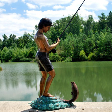 Garden decor boy fishing statue bronze boy sculpture